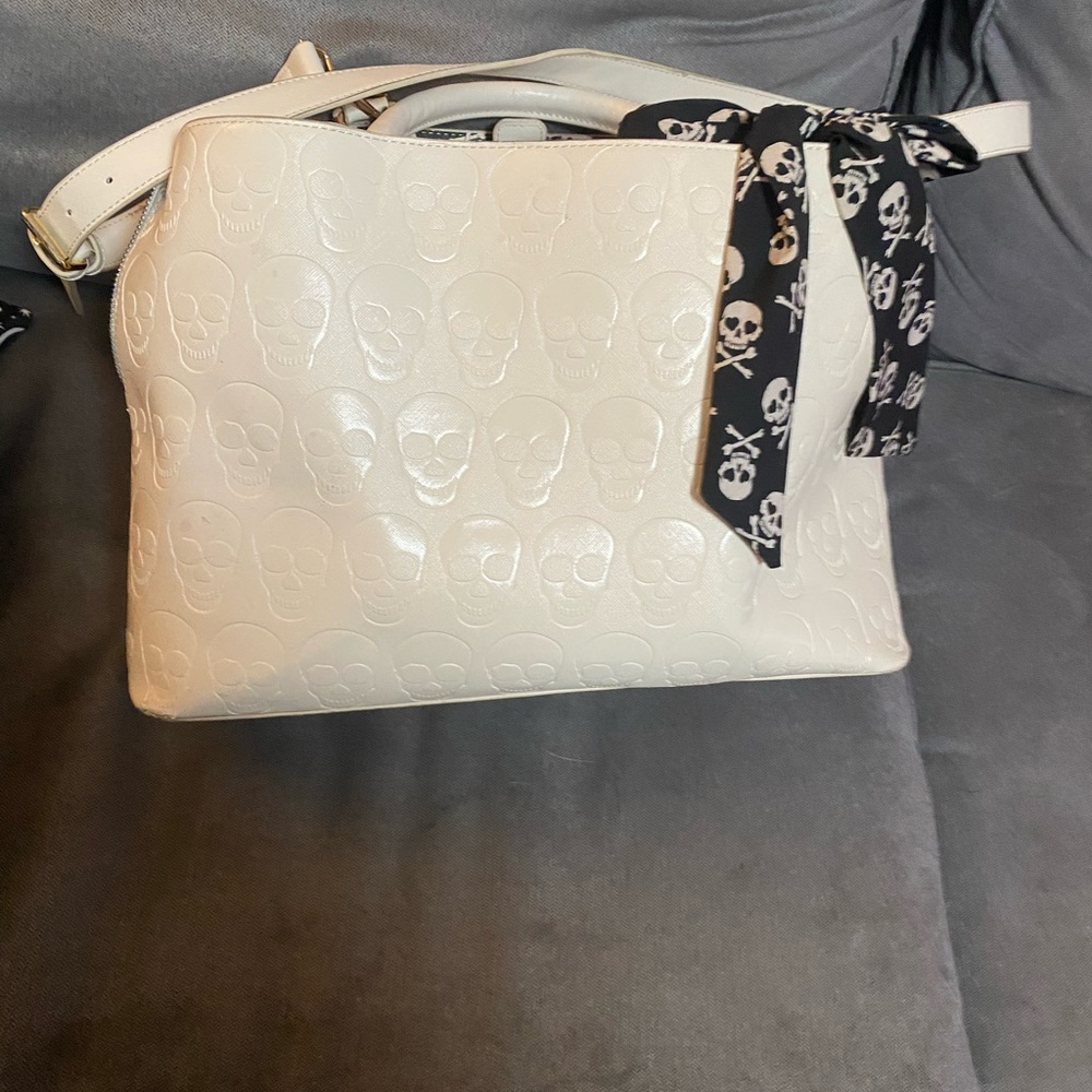White Skull Embossed Handbag with Bow Accent